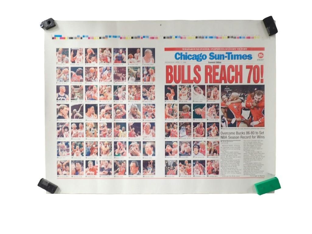 Chicago Bulls Souvenir Chicago Sun-Times Bulls Reach 70 Poster: Chicago Bulls Souvenir Chicago Sun-Times Bulls Reach 70 Poster All pictures are considered part of the description and should be examined carefully by bidders. Live Auctioneers is now offering Live Sh