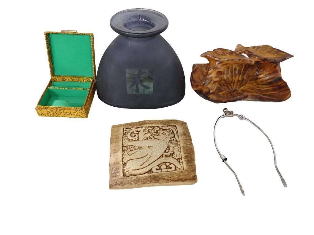 Matte Black Glass Vase Asian Style, Green and Gold tone Trinket box, Hand Carved Wood Knot, etc: Matte Black Glass Vase Asian Style, Green and Gold tone Trinket box, Hand Carved Wood Knot, etc All pictures are considered part of the description and should be examined carefully by bidders. Live Au