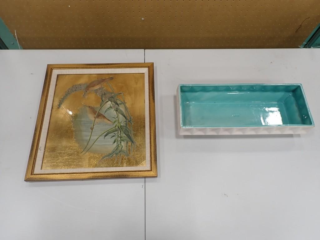 Royal Haeger Teal and White Dish and Mixed Media Framed Japanese chokin art - measures roughly 15x17: Royal Haeger Teal and White Dish and Mixed Media Framed Japanese chokin art - measures roughly 15x17". Dish has a chip or small defect in the finish between where the white and teal meet. Al