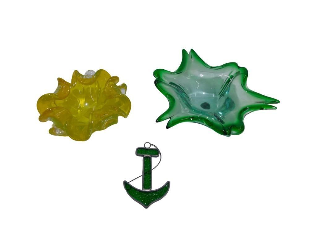 Two Art Glass Dishes or Ash Trays and a small Stained Glass Anchor Ornament or hanging (1 of 11)