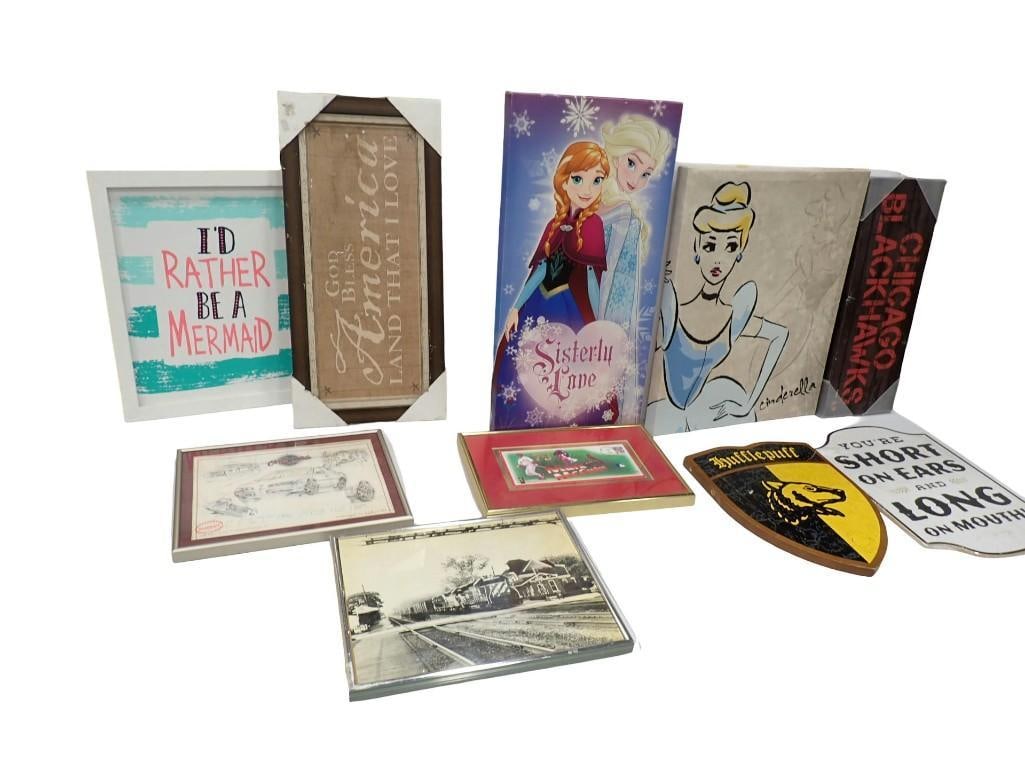10 Framed Pieces and Wall Hangings including Walt Disney Cinderella, Vintage Train, Oldsmobile Conc: 10 Framed Pieces and Wall Hangings including Walt Disney Cinderella, Vintage Train, Oldsmobile Concept, Mark MacGwire First Day Issue Stamp All pictures are considered part of the description and shou