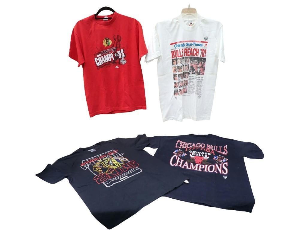 Chicago Bulls and Blackhawks T-Shirts including World Champions, Bulls Reach 70, etc: Chicago Bulls and Blackhawks T-Shirts including World Champions, Bulls Reach 70, etc All pictures are considered part of the description and should be examined carefully by bidders. Live Auctioneers i