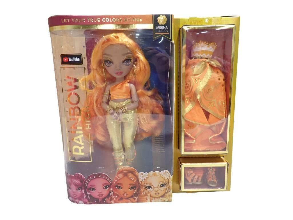 Rainbow High Meena Fleur Fashion Doll featuring saffron gold fashion and accessories New in Package: Rainbow High Meena Fleur Fashion Doll featuring saffron gold fashion and accessories New in Package All pictures are considered part of the description and should be examined carefully by bidders. Liv