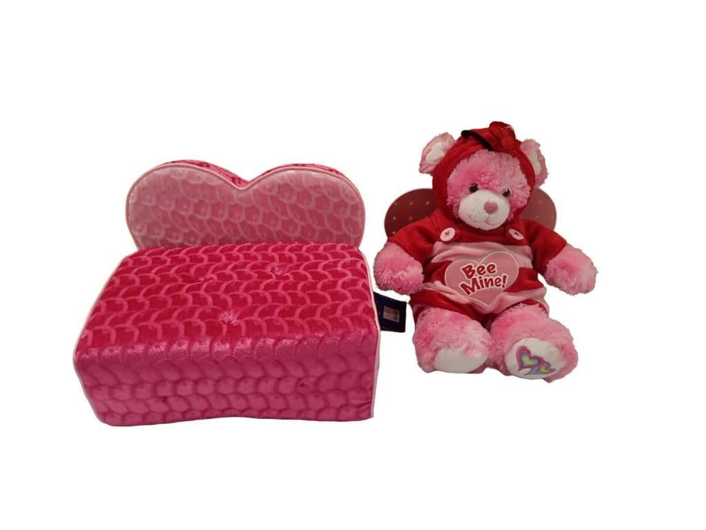 Build-A-Bear Lot - Valintine's Day Plush Bee Mine Bear with Heart Shaped Bed: Build-A-Bear Lot - Valintine's Day Plush Bee Mine Bear with Heart Shaped Bed All pictures are considered part of the description and should be examined carefully by bidders. Live Auctioneers is no