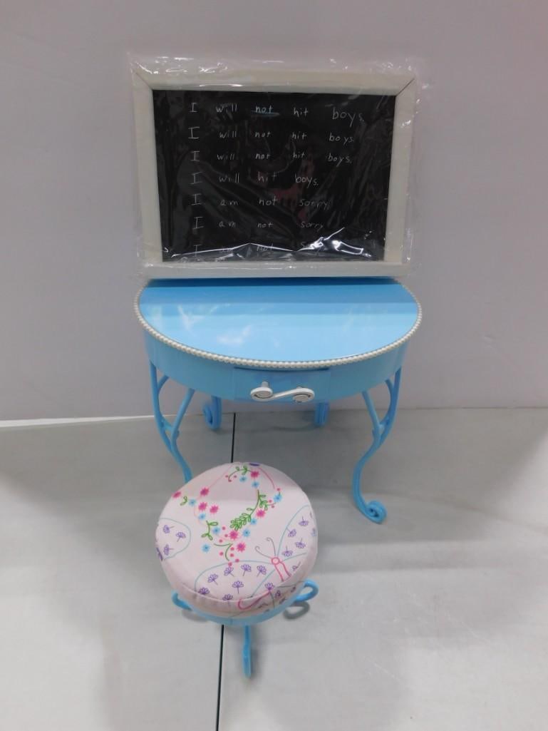 American Girl Girl Metal Vanity Desk & Chair and Chalk Board: American Girl Girl Metal Vanity Desk & Chair and Chalk Board All pictures are considered part of the description and should be examined carefully by bidders. Live Auctioneers is now offering Live