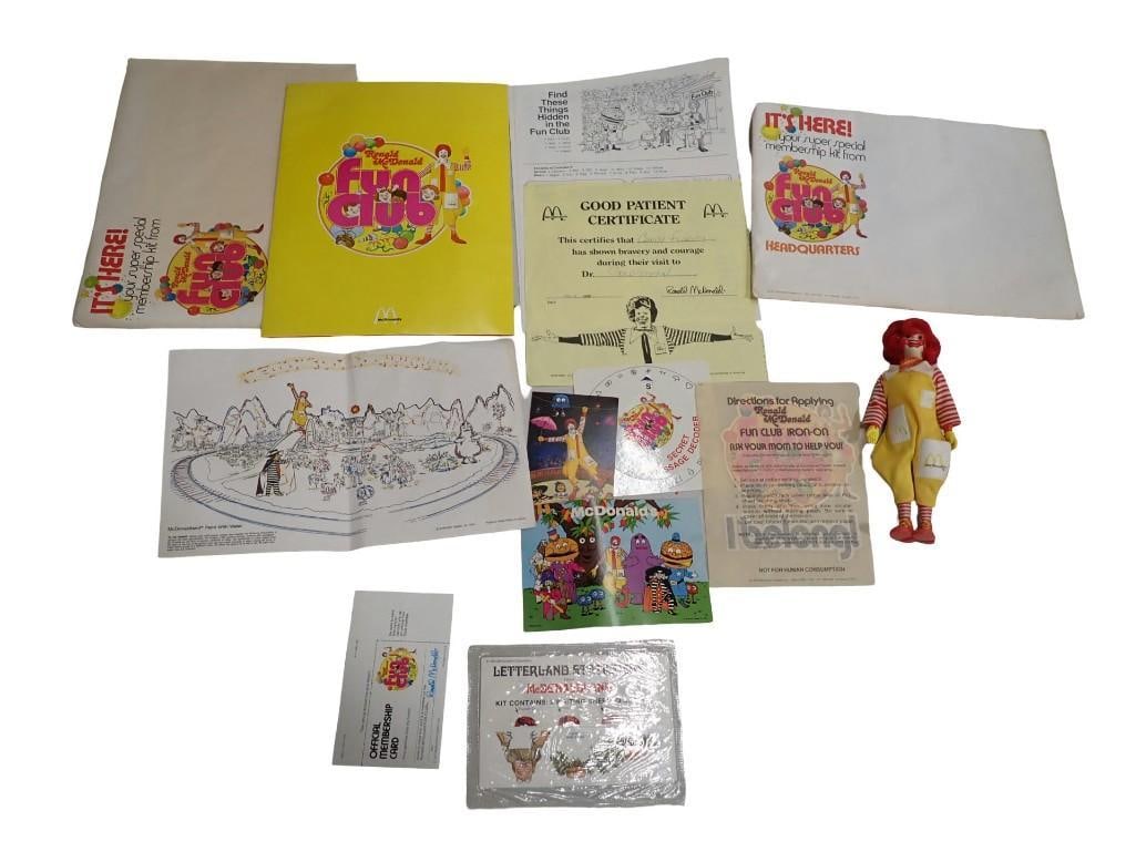 Two McDonald's Membership Fan Club Kits and Ronald McDonald Remco Doll: Two McDonald's Membership Fan Club Kits and Ronald McDonald Remco Doll All pictures are considered part of the description and should be examined carefully by bidders. Live Auctioneers is now offe