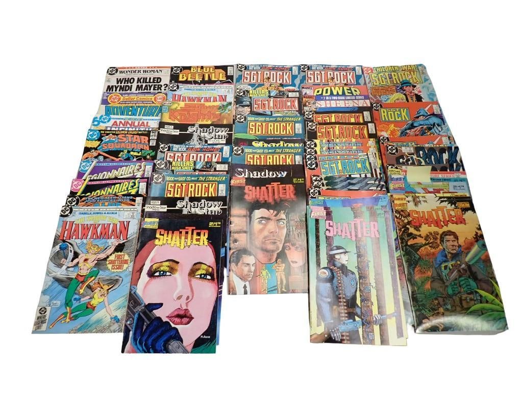 Comic Book lot including Blue Beetle, Sgt Rock, Legionnaires, All Star Squadron, Shatter, Hawkman: Comic Book lot including Blue Beetle, Sgt Rock, Legionnaires, All Star Squadron, Shatter, Hawkman, etc. All pictures are considered part of the description and should be examined carefully by bidders.