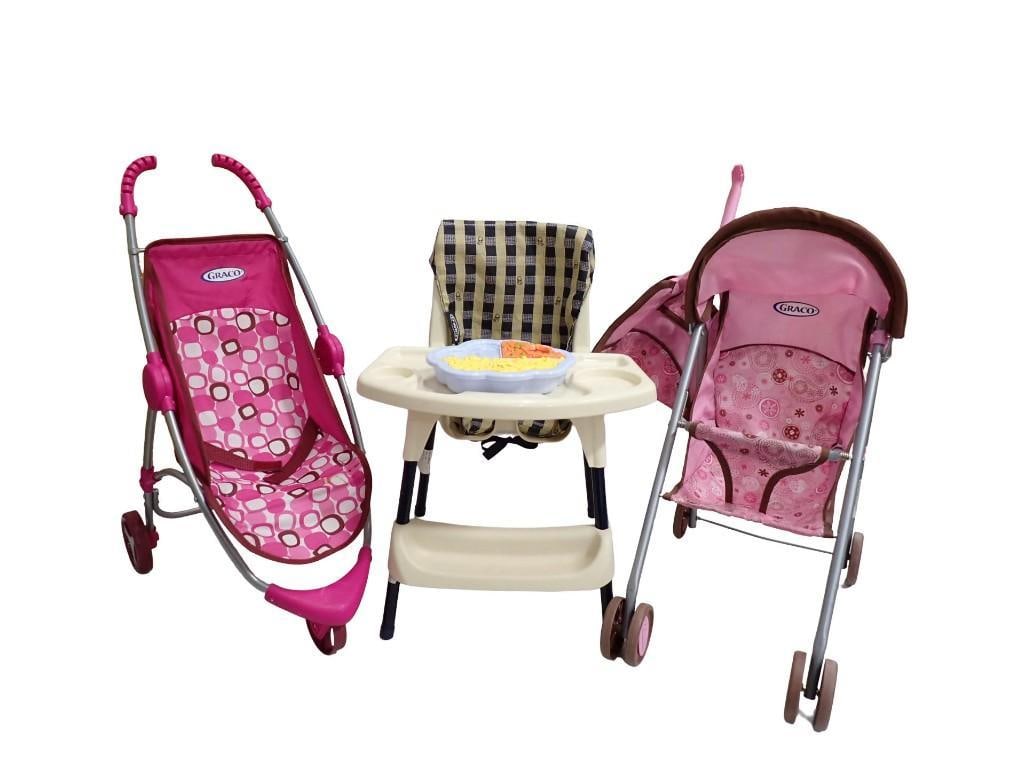 Graco Baby Doll Strollers and a High Chair: Graco Baby Doll Strollers and a High Chair All pictures are considered part of the description and should be examined carefully by bidders. Live Auctioneers is now offering Live Shipping through them.