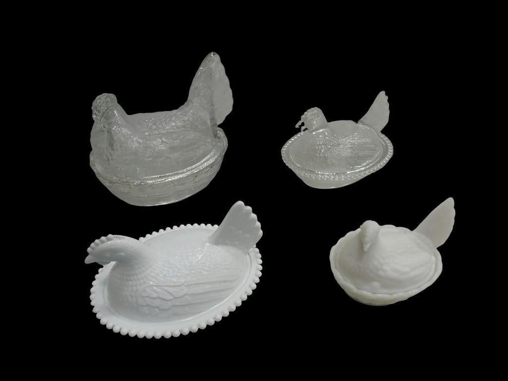 Two Milk Glass and Two Clear Glass Chicken / Hen Bowls with Tops (1 of 17)