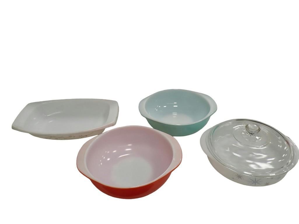 Pyrex / Glasbake Lot including 1960's Golden Honeysuckle 1.5 qt Shallow, Atomic Starburst round (1 of 20)