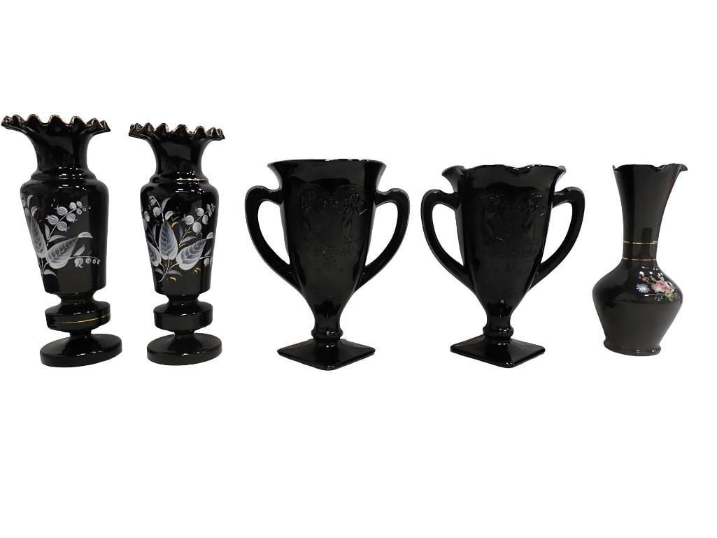 Mixed Vintage Black Glass - Amethyst Vase with Rose & Floral design, Hand Painted Ruffled Victorian,: Mixed Vintage Black Glass - Amethyst Vase with Rose & Floral design, Hand Painted Ruffled Victorian, LE Smith Trophy Vases with Dancing Nymphs All pictures are considered part of the description a