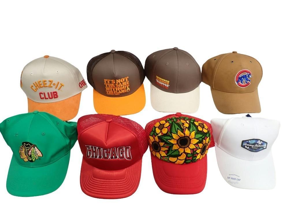 Hat Collection - Chicago Cubs Carhartt, Tommy Bahama Golf, Embroidered Mexico Sunflower, Bulls: Hat Collection - Chicago Cubs Carhartt, Tommy Bahama Golf, Embroidered Mexico Sunflower, Bulls Mitche & Ness, Blackhawks, 2 Burger King, Cheez-it Club with Suede Bill - some are new with tags All