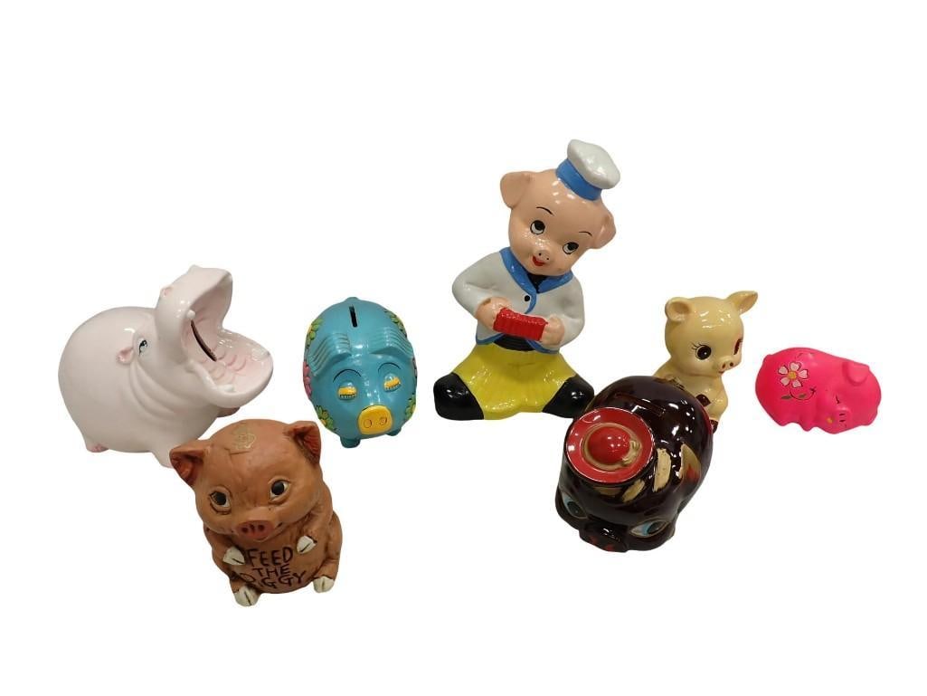 Vintage Piggy Bank Lot, etc. Including Hippo, Pigs, Ceramic, Chalkware, etc. (1 of 17)