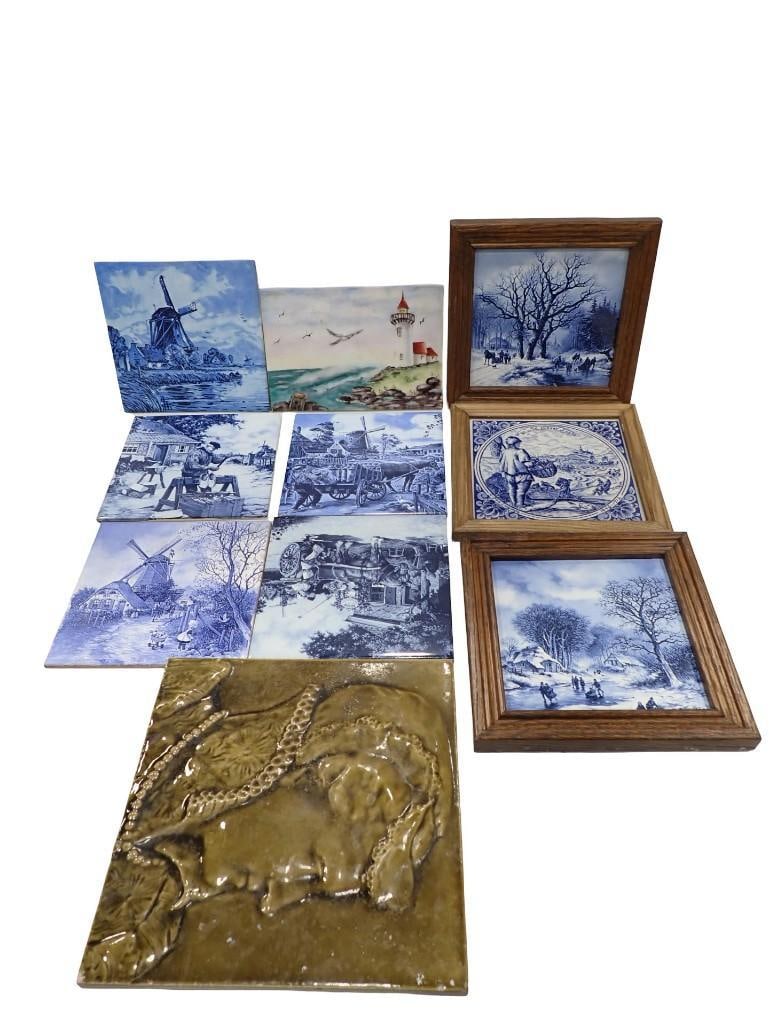 Vintage Picture Tiles including Delft, Framed, and an art nouveau style lady (1 of 12)