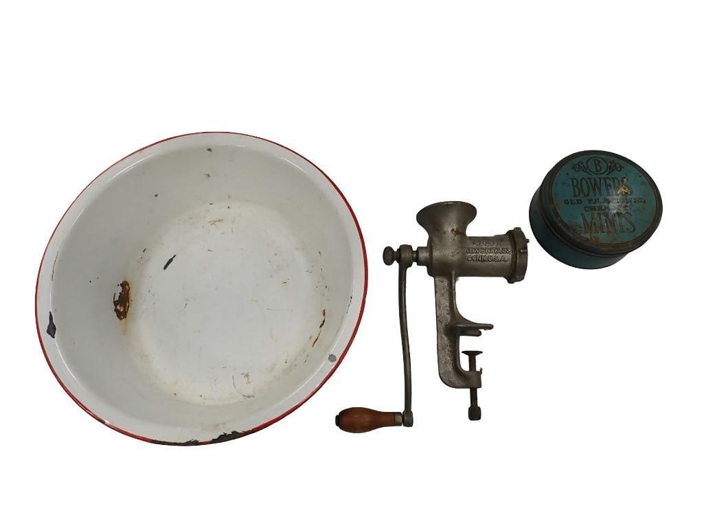 Vintage Lot including Universal No 323 Meat Chopper Grinder, Bowers Mint Tin, White Enamel Bowl (1 of 10)