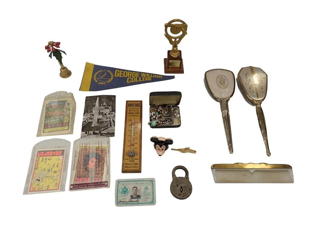 Vintage Lot including Pennant, Advertising Thermometer, Costume Jewelry, Military, Yale Lock, (1 of 11)