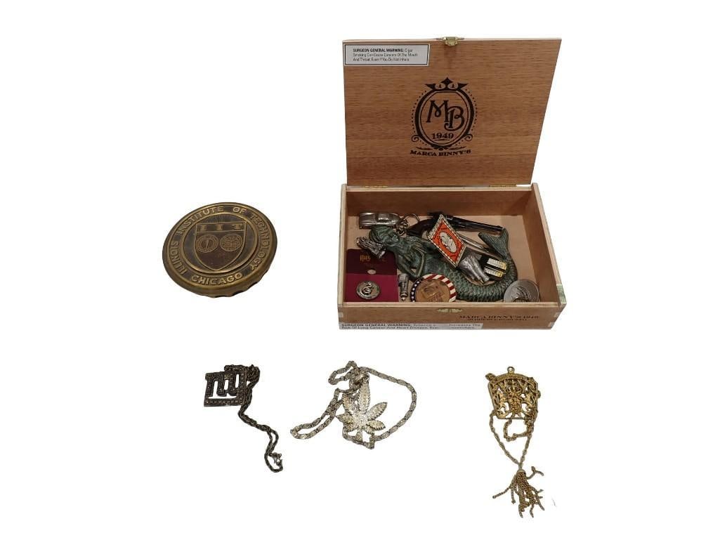 Vintage Smalls Lot including Cigar Box with Cast Mermaid, IIT Chicago, Necklaces, Trinkets, etc.: Vintage Smalls Lot including Cigar Box with Cast Mermaid, IIT Chicago, Necklaces, Trinkets, etc. All pictures are considered part of the description and should be examined carefully by bidders. Live