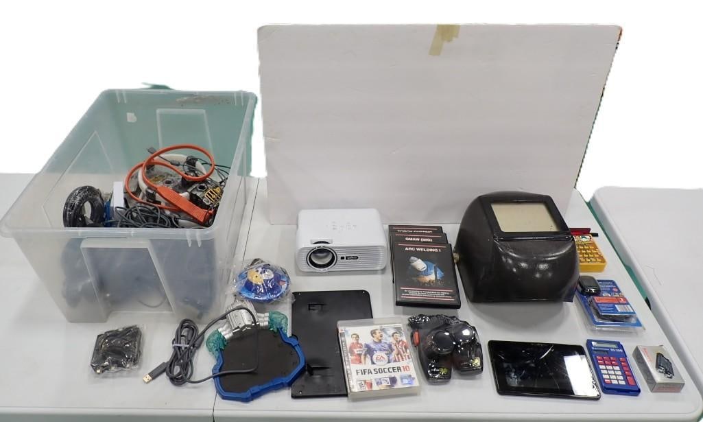 Electronics Lot, etc. including Arc Welding Instructions and helmet, Cords, Projector, Calculator, (1 of 15)