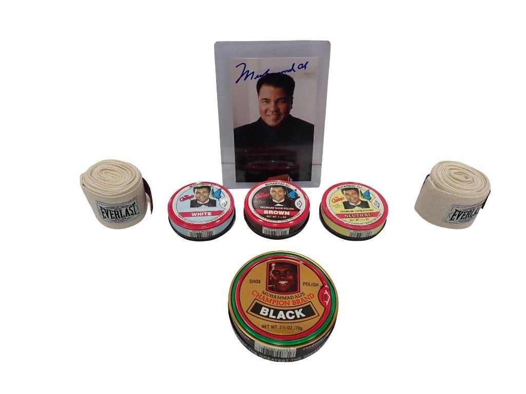 Muhammad Ali / Boxing Lot including Autographed Picture, Shoe Polish Tins, Everlast Hand Wrap (1 of 9)