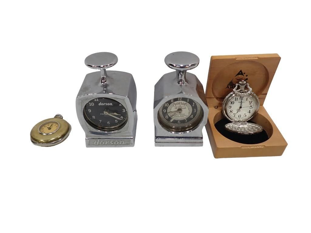 Two Vintage Dorson Time Stamp Clocks and Two Pocket Watches including Locomotive (1 of 13)