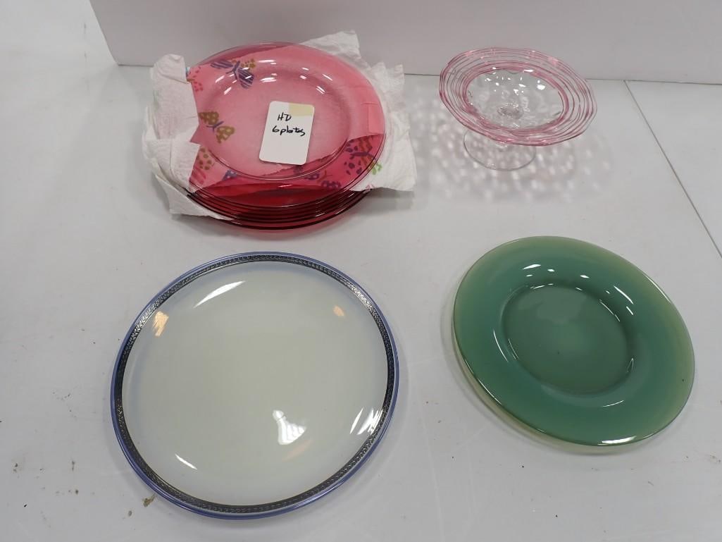 Glass Lot including Vintage Pink Compote - 5" wide, 6 red Plates, etc: Glass Lot including Vintage Pink Compote - 5" wide, 6 red Plates, etc All pictures are considered part of the description and should be examined carefully by bidders. Live Auctioneers is now