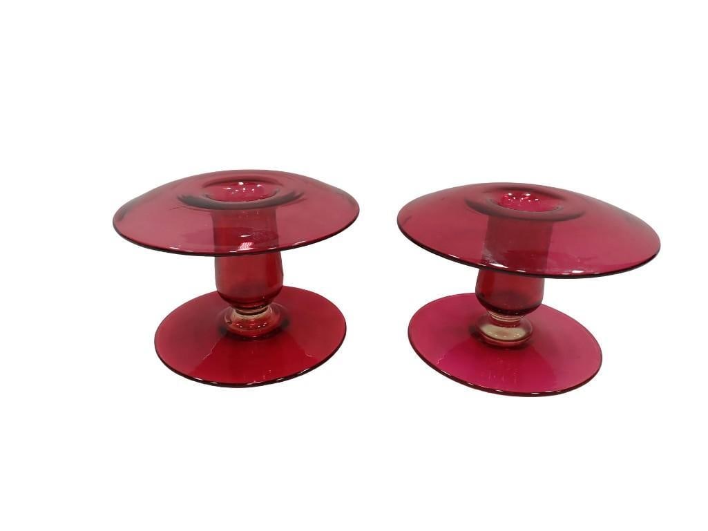 Pairpoint or Steuben Ruby Red Glass Candlesticks - 3.5" tall 5" wide (1 of 10)
