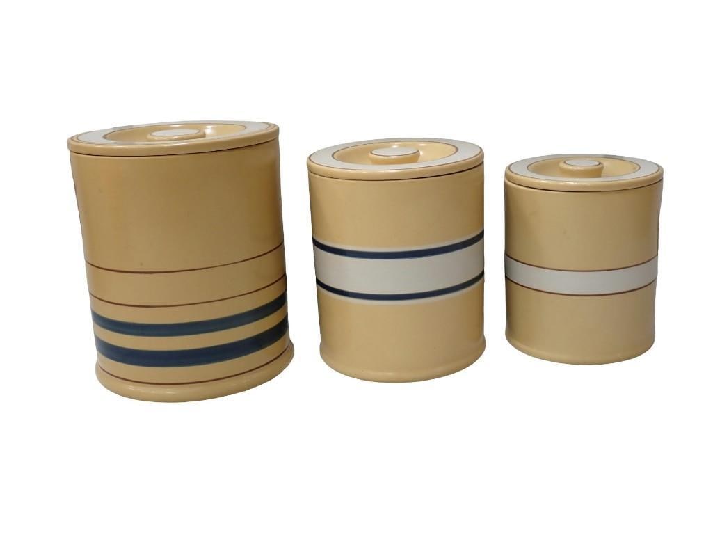 Vintage Yellow Ware Container Set of 3 with lids - Over and Back: Vintage Yellow Ware Container Set of 3 with lids - Over and Back All pictures are considered part of the description and should be examined carefully by bidders. Live Auctioneers is now offering Live 