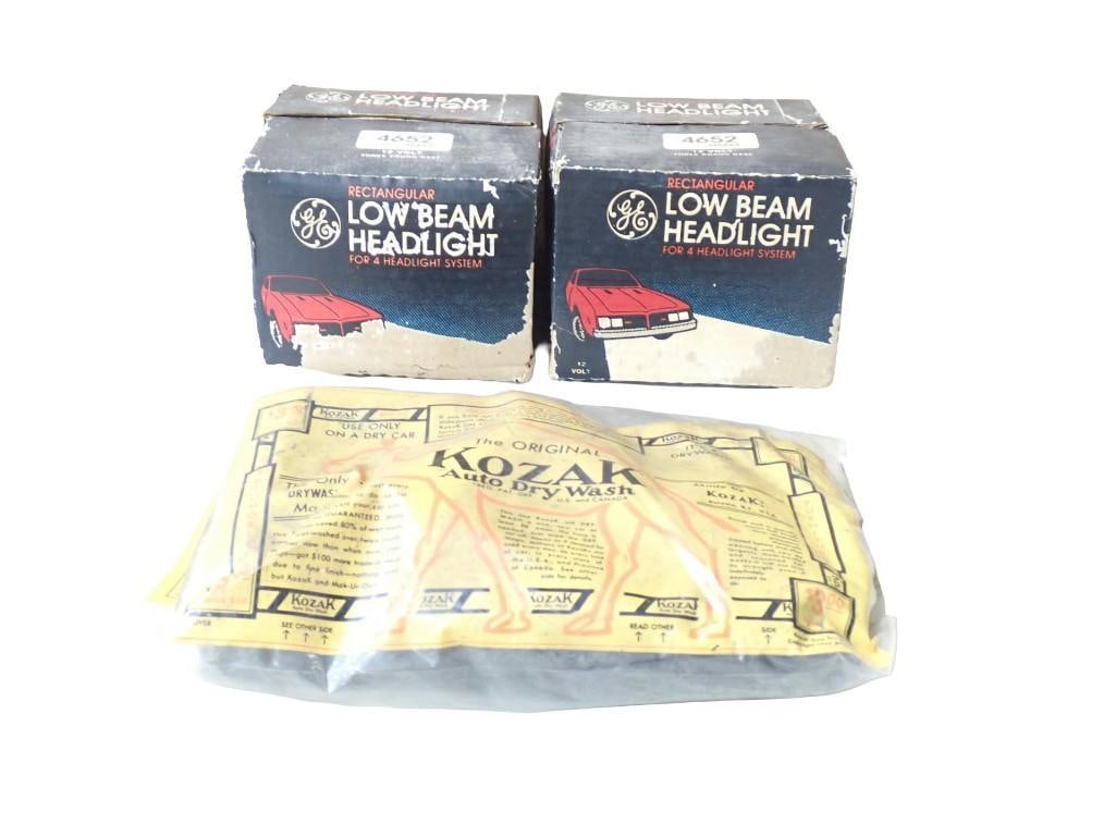 Vintage Auto - Kozak Auto Dry Wash Cloth and Two GE Low Beam headlights: Vintage Auto - Kozak Auto Dry Wash Cloth and Two GE Low Beam headlights All pictures are considered part of the description and should be examined carefully by bidders. Live Auctioneers is now