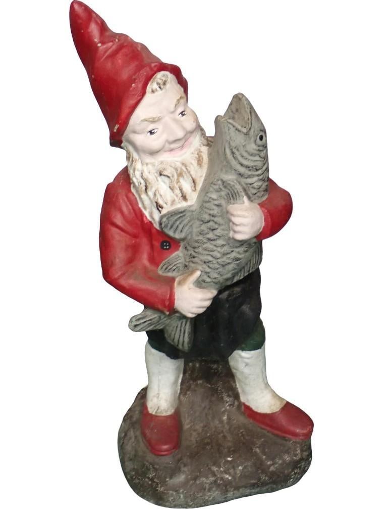 Extremely Heavy Cement Garden Gnome holding a Fish (1 of 4)