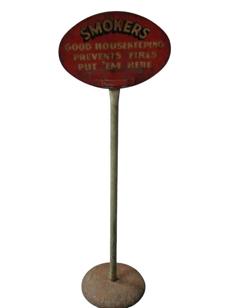 Vintage Metal Stand Ashtray - "Smokers Good Housekeeping Prevents Fires Put 'em Here" (1 of 5)