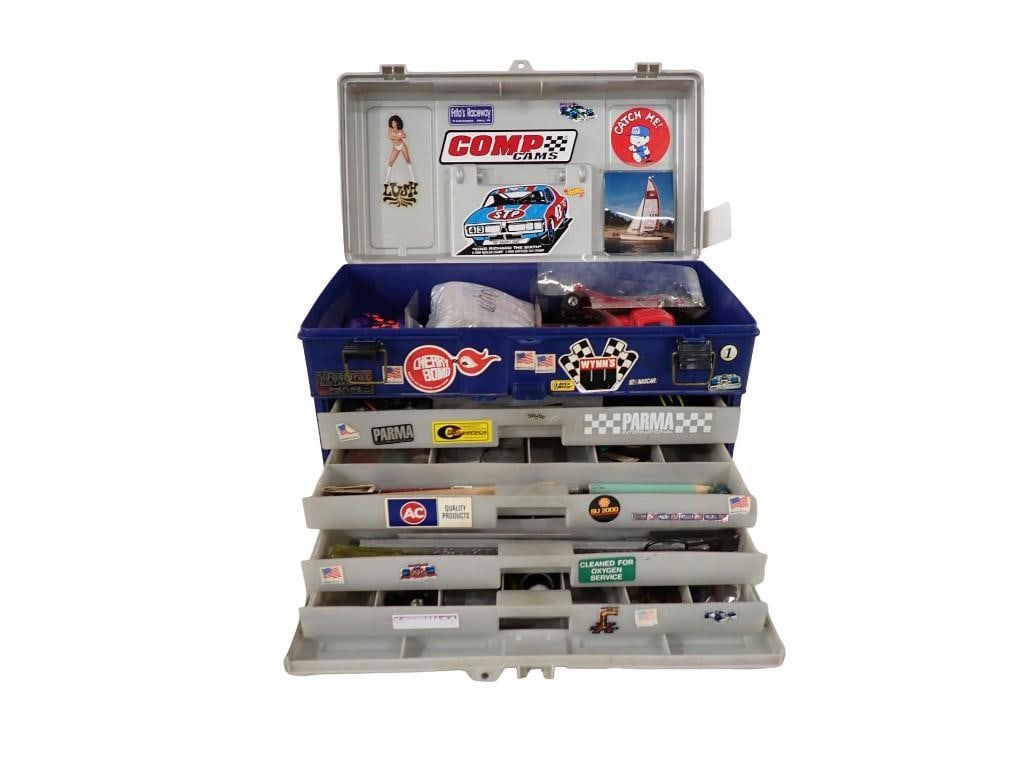Tackle Box / Tool Box Covered in Decals, full of assorted Parts, including for slot cars (1 of 10)