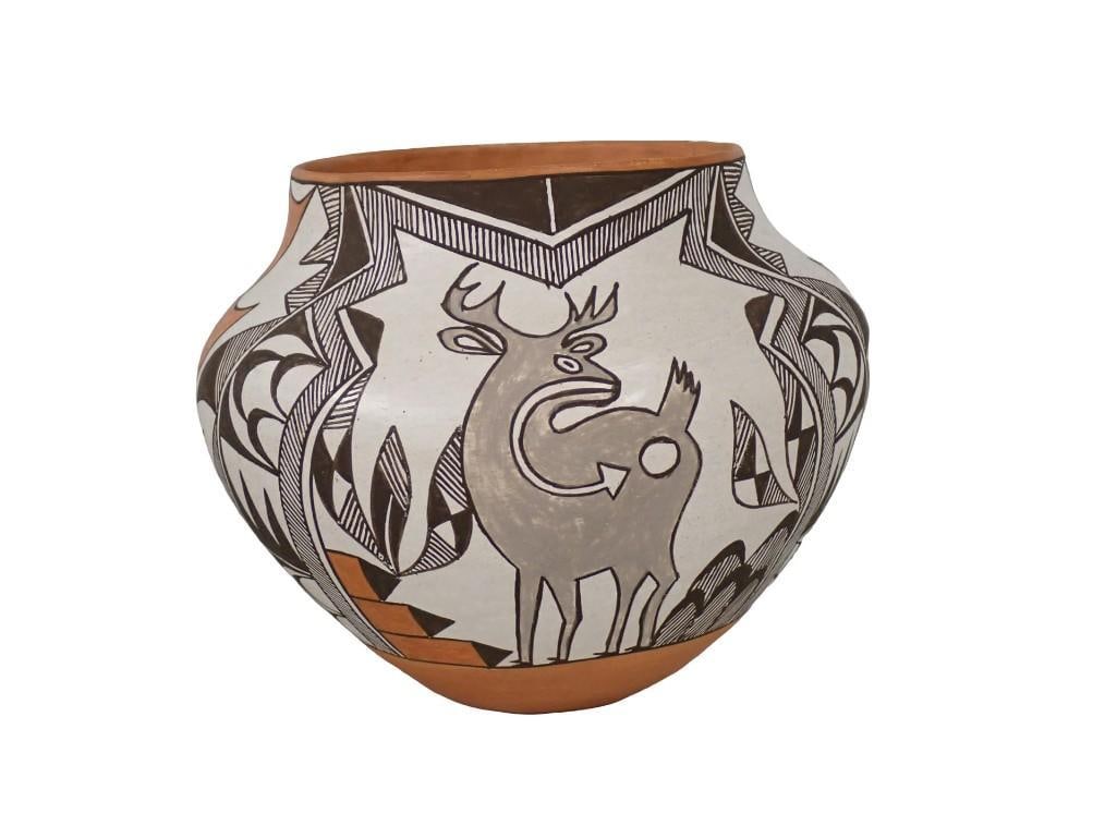 Acoma Pottery Signed Vase with Deer Design - Frances Torivio: Acoma Pottery Signed Vase with Deer Design - Frances Torivio All pictures are considered part of the description and should be examined carefully by bidders. Live Auctioneers is now offering Live Ship