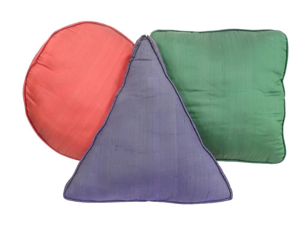 Set of Three Silk Throw Pillows; One Red Round, One Green Square and One Navy Blue Triangle Square:: Set of three silk throw pillows; one red round, one green square and one navy blue triangle Square: 17" x 17" All pictures are considered part of the description and should be examined careful