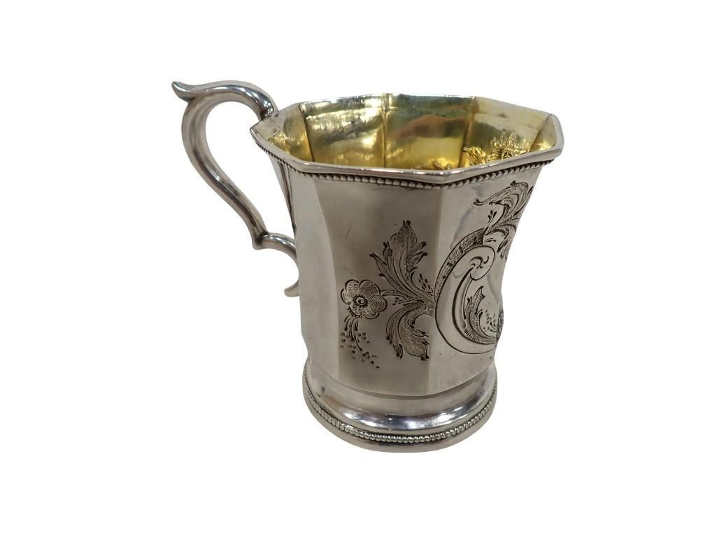 American Coin Silver Handled Presentation Cup. Octagonal Silver Footed and Handled Cup with floral r (1 of 8)