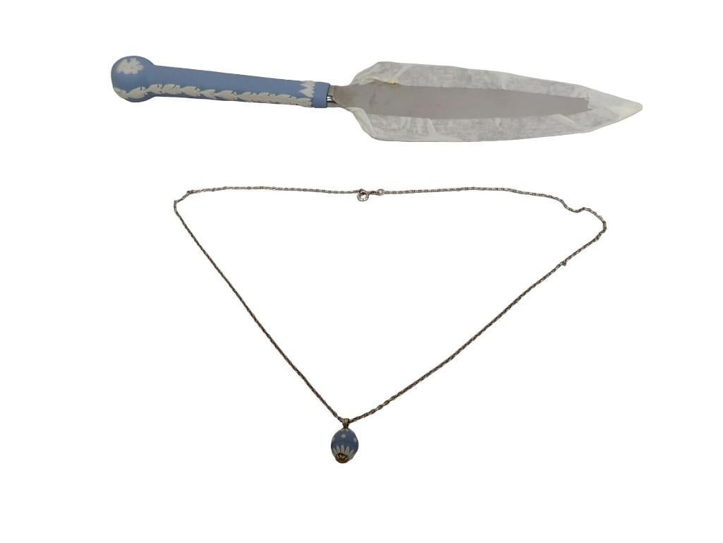 Wedgwood Jasperware Egg Pendant Sterling Silver Necklace and Cake Server. Cream on lavender handled (1 of 10)