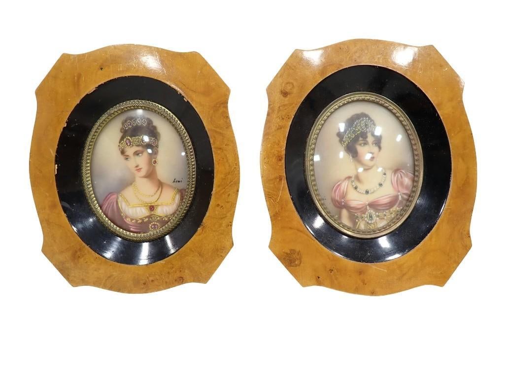 A pair of Signed Antique French Portrait Miniatures. Burl and Ebonized Wood Frames contain oval pain (1 of 7)