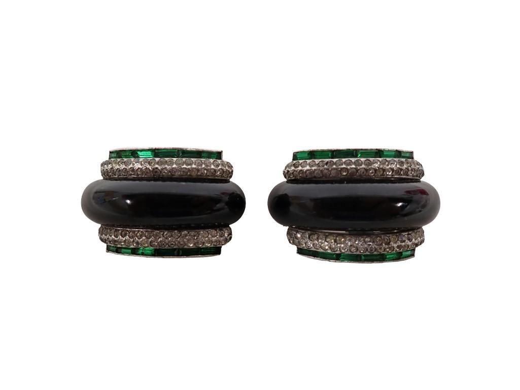 KTF Trifari Pair of Dress Clips. Rhodium plated clips mounted with green rhinestone baguettes, white (1 of 7)