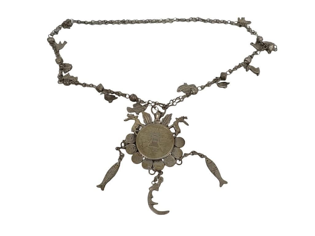 A Guatemalan Silver Coin Chachal Necklace Wt: 3.45 ozt Length: 32" (1 of 8)