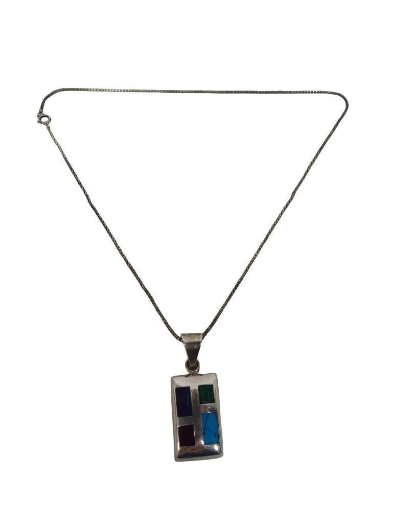 Sterling Silver and Semi-precious Stone Pendant Necklace. Sterling silver rectangular pendant inlaid (1 of 4)