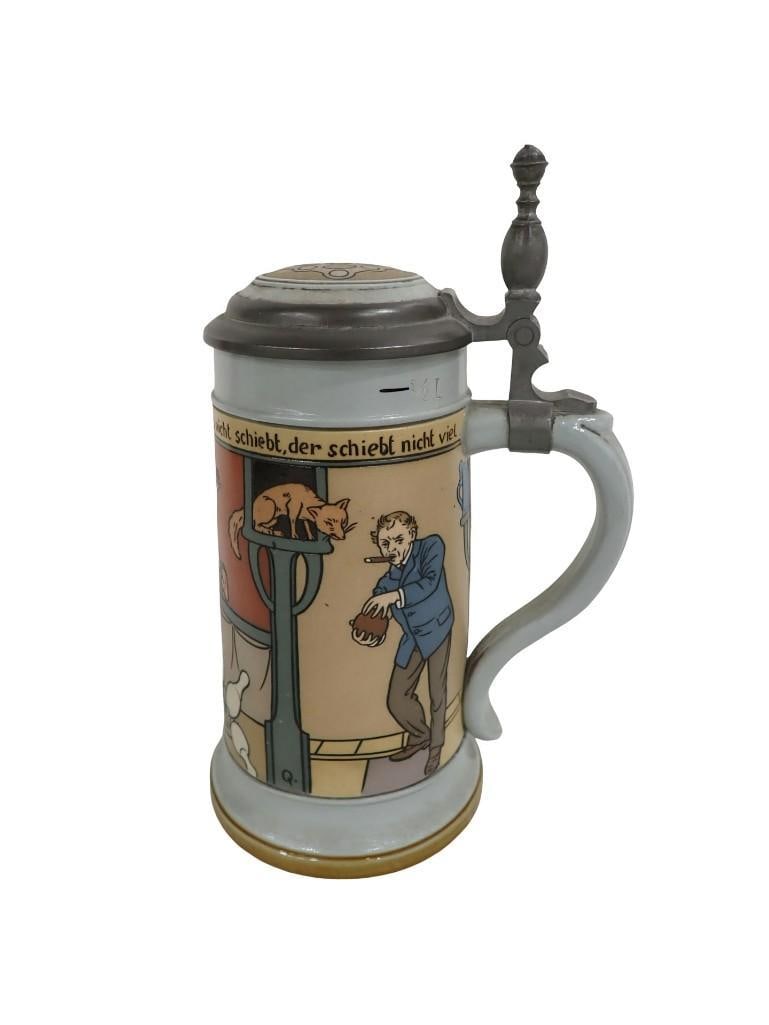 German Mettlach 1/2 Liter "Boy Bowling" Stein. Designed by Fritz Quidenus (1867-1928), initialed F a (1 of 8)