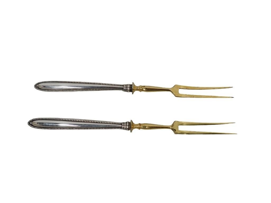 Pair of Continental Sterling Silver Handled Meat Forks. Silver beaded handles with gold washed metal: Pair of Continental sterling silver handled meat forks. Silver beaded handles with gold washed metal tines Length: 8" Wt: 2.55 ozt All pictures are considered part of the description and should be