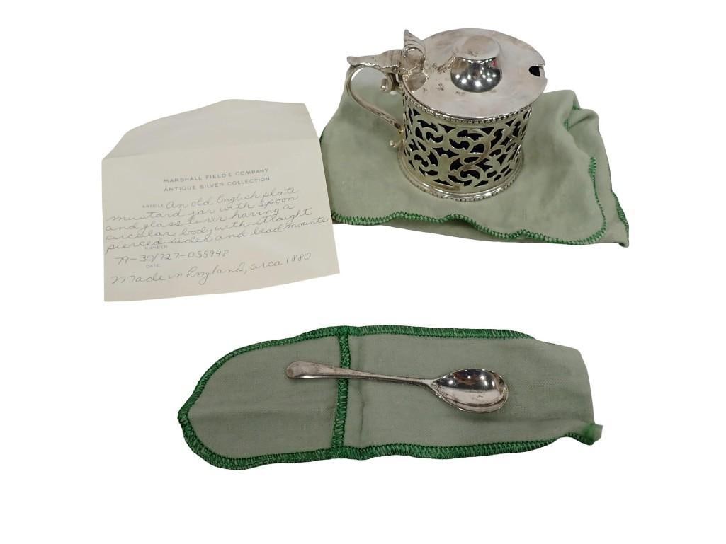 Antique English Silverplate Mustard Pot with Spoon. Filigree Handled Mustard Pot with cobalt glass l (1 of 15)