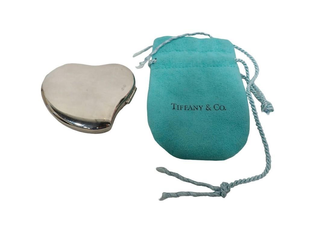 Jean Louis Silverplate Heart Form Double Mirror Compact. With Tiffany & Co dustbag 2 1/4" x 2 1/2": Jean Louis silver plate heart form double mirror compact. With Tiffany & Co dust bag 2 1/4" x 2 1/2" All pictures are considered part of the description and should be examined carefully by