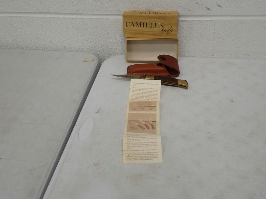 Camillus Folding Pocket Knife with Box and Sheath: Camillus Folding Pocket Knife with Box and Sheath All pictures are considered part of the description and should be examined carefully by bidders. Live Auctioneers is now offering Live Shipping