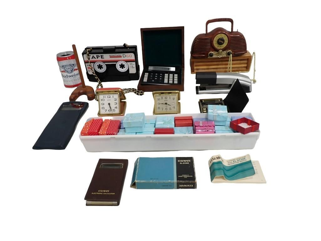 Misc. Lot including Vintage Travel Clocks, Jewelry Boxes, Calculators, Tape Cassette Purse, (1 of 9)