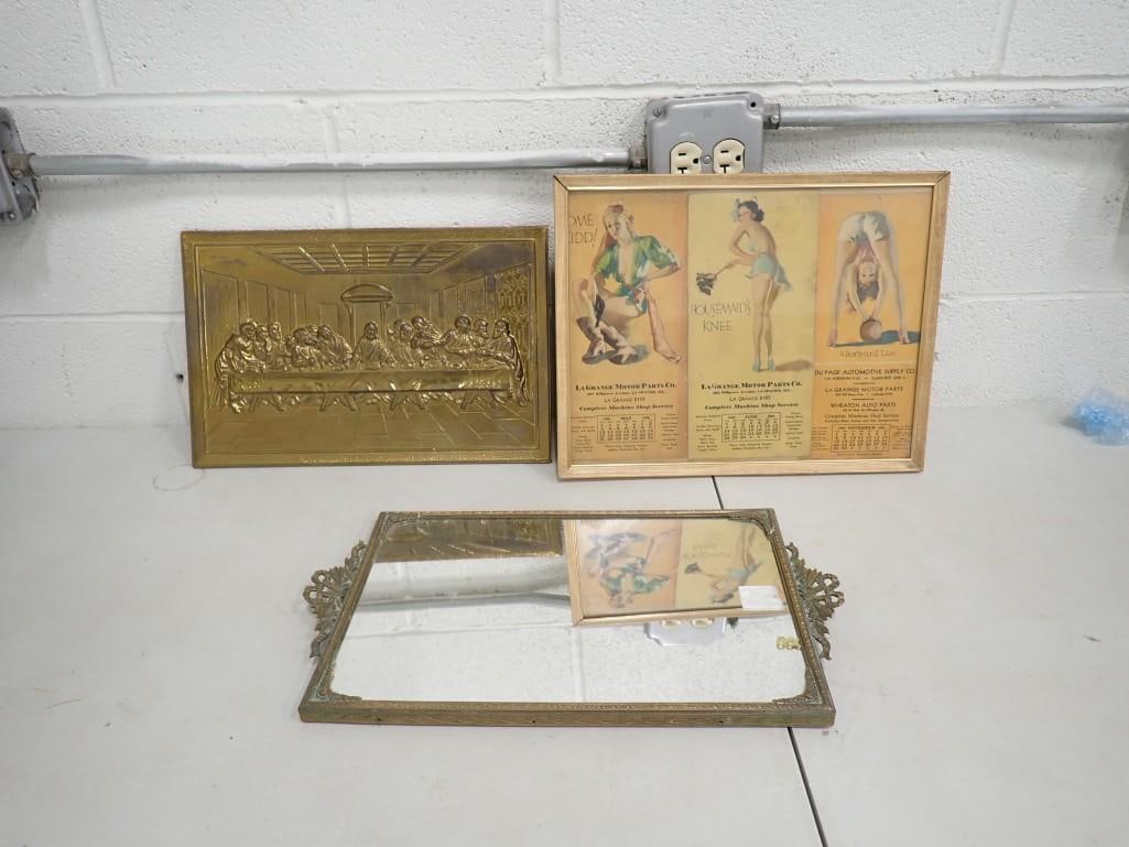 Vintage Lot including Embossed Last Supper, Framed Pin Up Girl Advertising Calendars, Mirror: Vintage Lot including Embossed Last Supper, Framed Pin Up Girl Advertising Calendars, Mirror All pictures are considered part of the description and should be examined carefully by bidders. Live Aucti