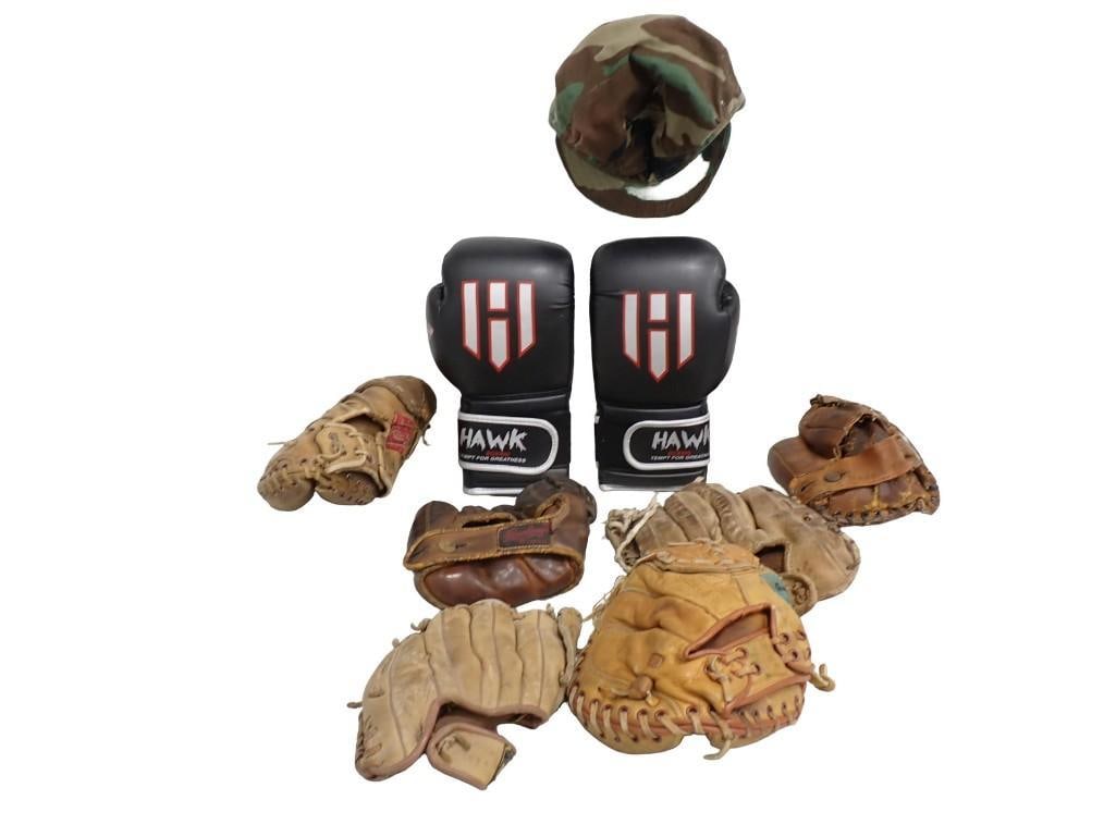 Sports Lot including Hawk Boxing Gloves, Vintage Baseball Mitts / Gloves, Camo Hat (1 of 10)