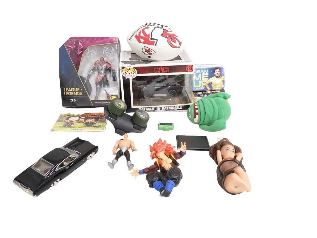 Toy Lot including Funko Pop Batman Batymobile, League of Legends Zed, KC Chiefs Football, Star Trek (1 of 6)