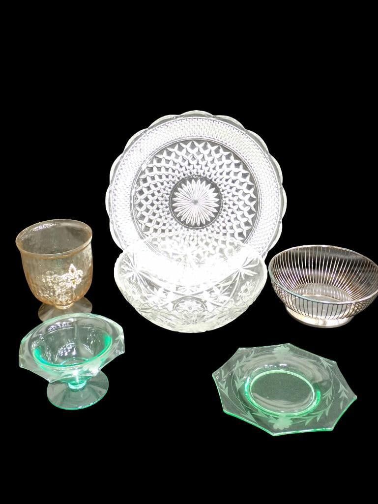 Glass Lot, etc. Including Depression Glass, Gorham Wire Silver Plate, Serving Bowl, Torte Plate, (1 of 9)