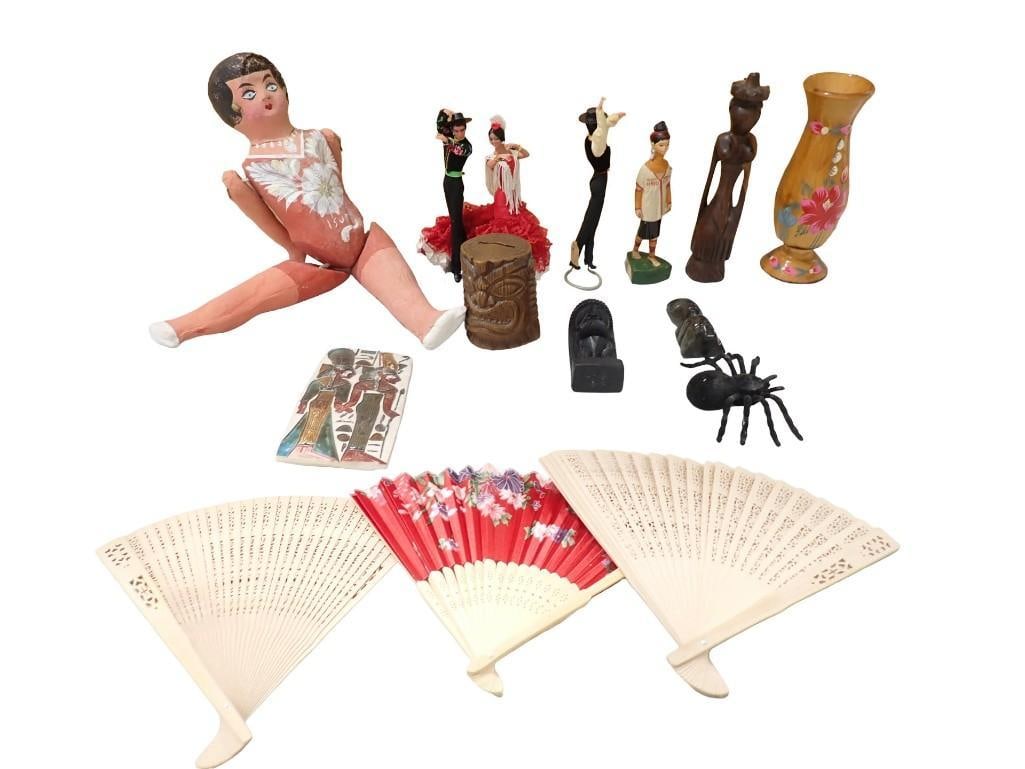 Doll / Figurine / knickknack lot including flamingo dancers, Tribal art, tiki, Asian fans, spider,: Doll / Figurine / knickknack lot including flamingo dancers, Tribal art, tiki, Asian fans, spider, hand painted, etc. All pictures are considered part of the description and should be examined careful